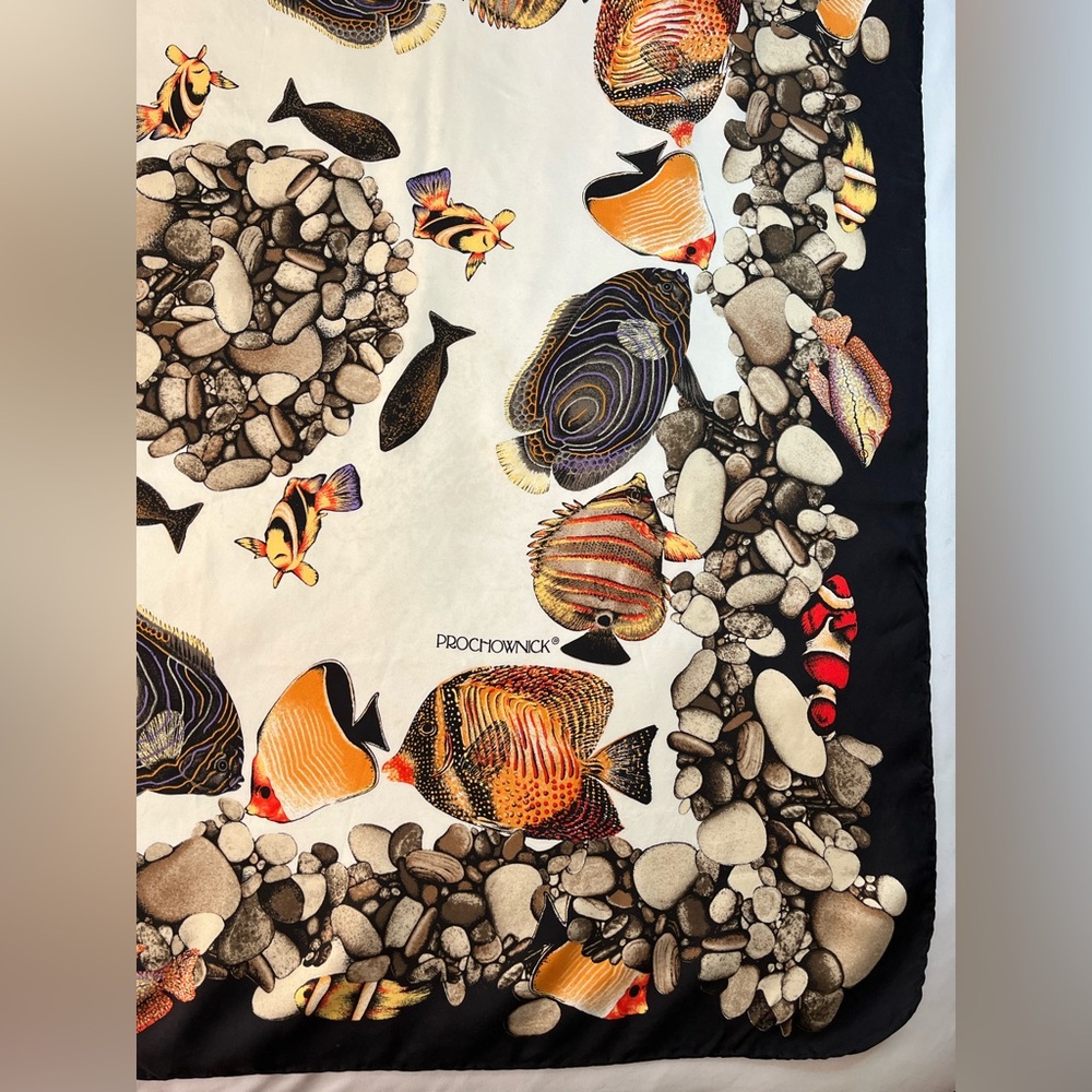 Authentic Prochownick Silk Scarf Italy Rolled Edge Tropical Fish Brown 33x34